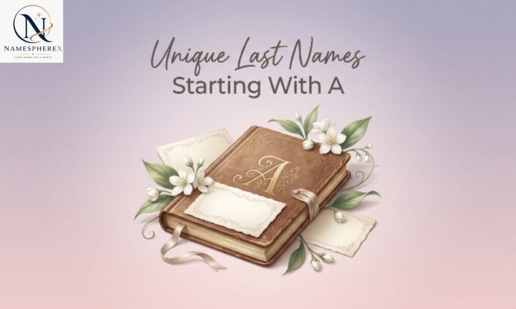 Unique last names starting with A displayed in a stylish surname illustration