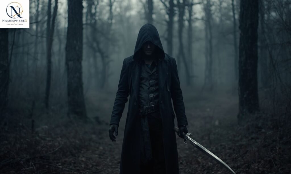 Vampire hunter standing in a dark misty forest