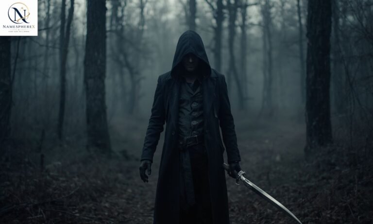 Vampire hunter standing in a dark misty forest