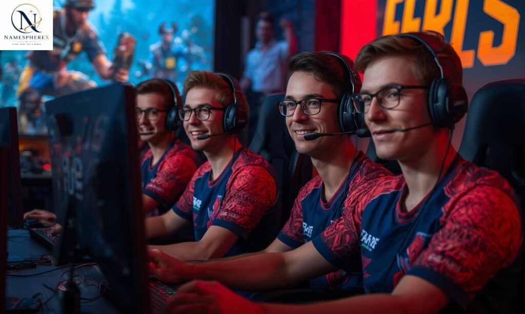 Free Fire esports team squad in a professional gaming setup featuring Free Fire Esports Team Names