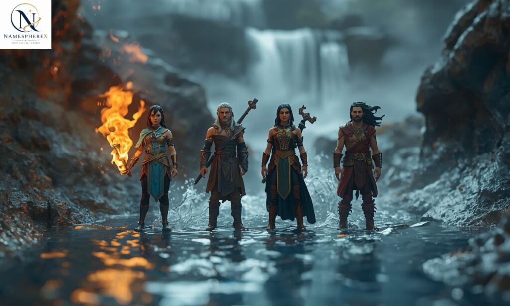 Realistic Genasi characters representing fire, water, air, and earth for Genasi Names