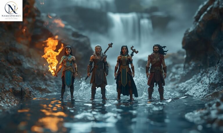 Realistic Genasi characters representing fire, water, air, and earth for Genasi Names