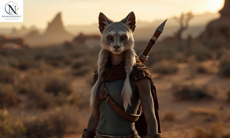 Realistic Khajiit warrior standing in a desert landscape