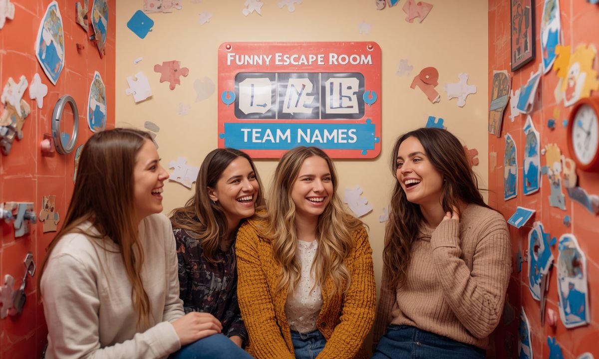 Funny escape room team names with friends solving puzzles