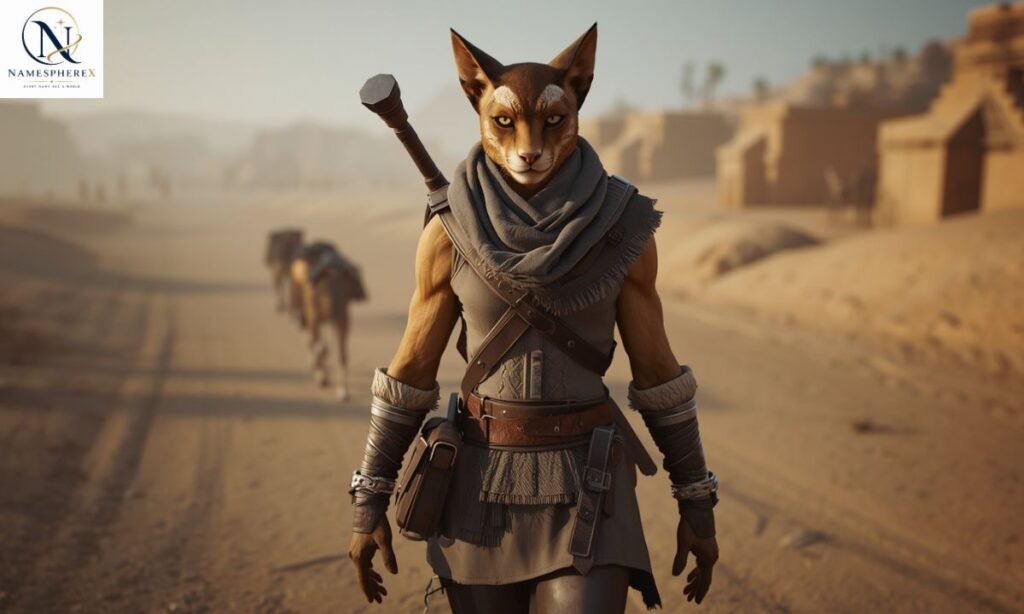 Realistic Khajiit adventurer traveling through a desert caravan route