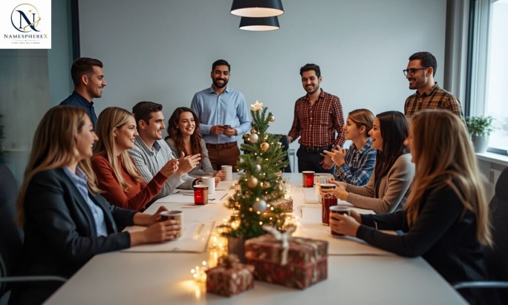 Coworkers celebrating a Christmas office party for Christmas Team Names for Work & Office Parties