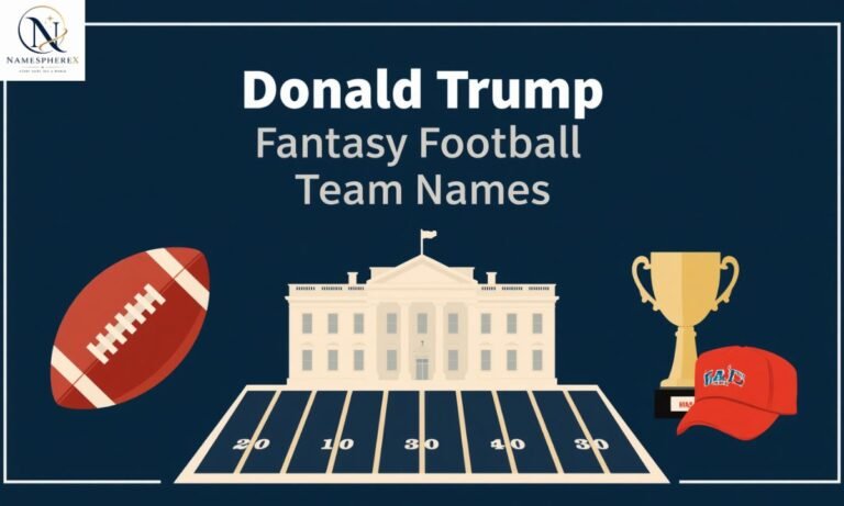 Donald Trump fantasy football team names 2026 featuring football, trophy, White House and political-themed icons.