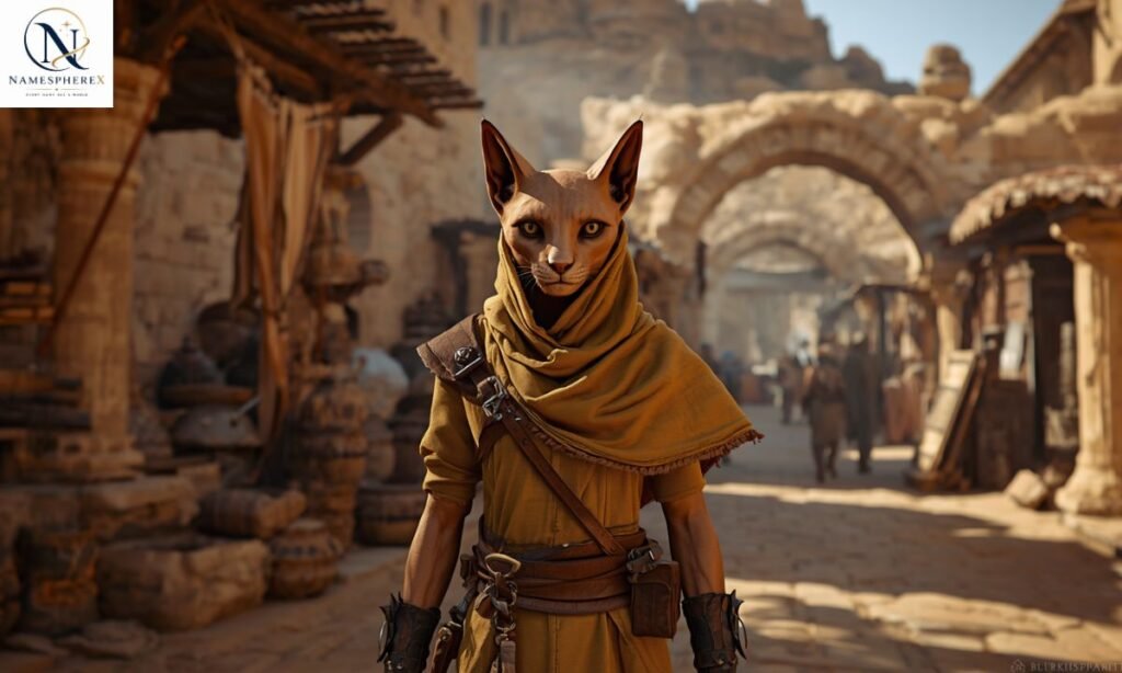Realistic Khajiit character in an ancient desert fantasy settlement