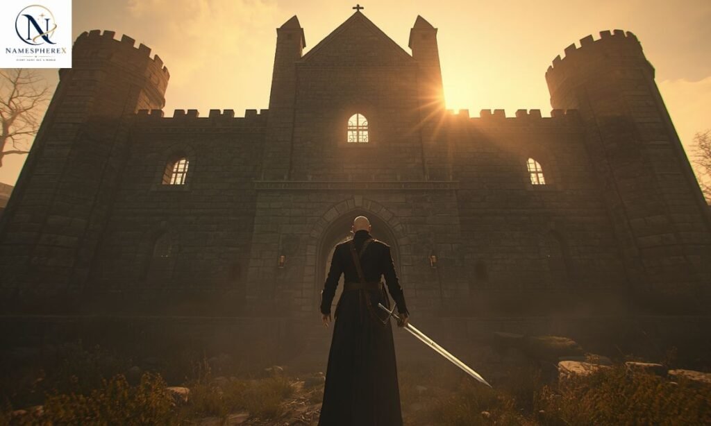 Fantasy vampire hunter standing before an ancient castle
