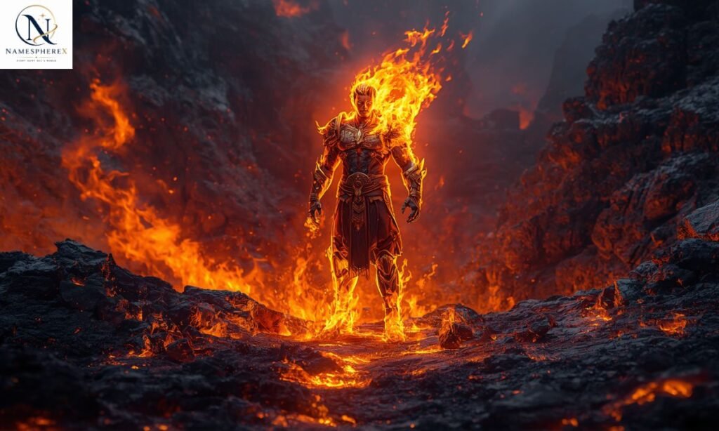  Realistic Fire Genasi character in a volcanic landscape for Fire Genasi Names
