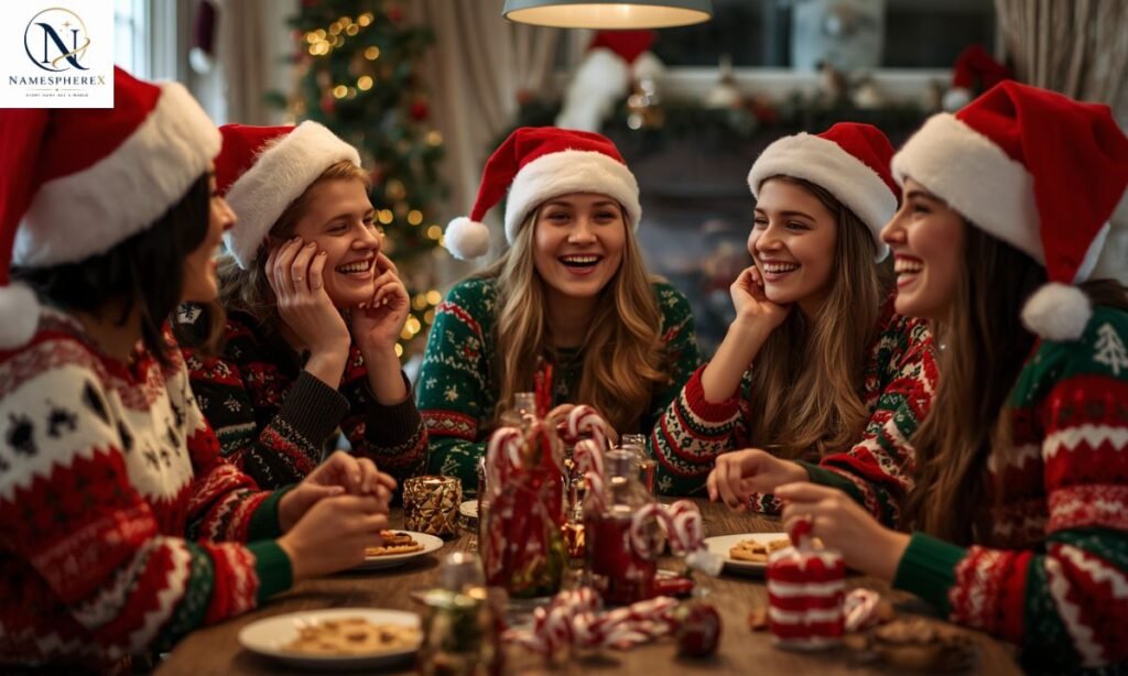 Friends laughing at a festive Christmas party for Funny Christmas Team Names