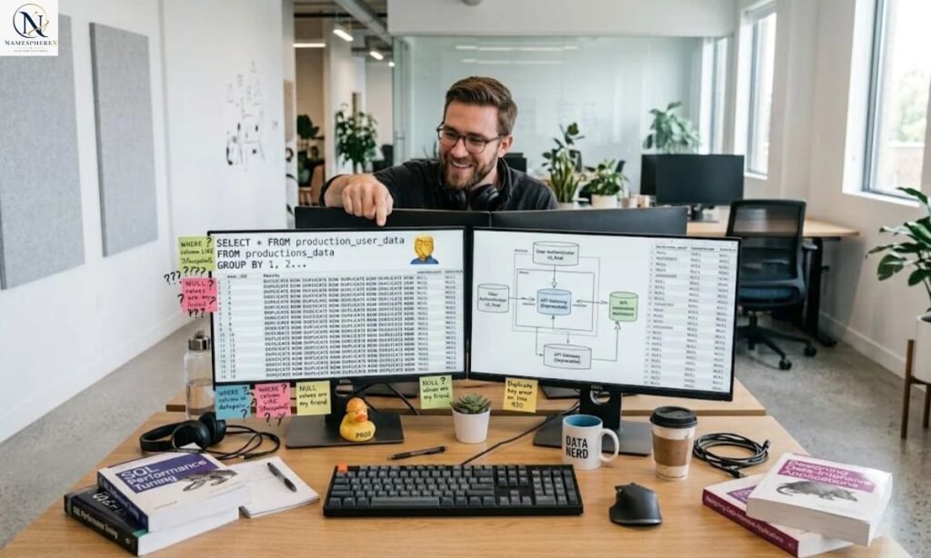 Funny database names shown through a playful SQL developer workspace