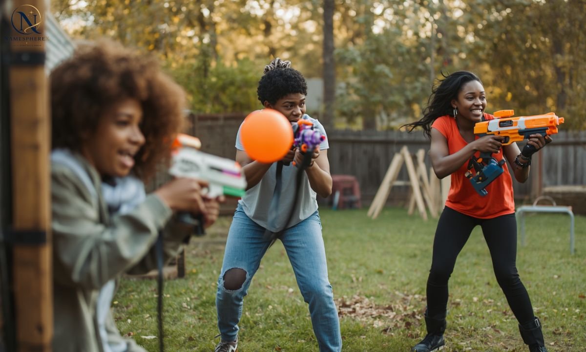 Friends laughing and playing a funny Nerf war outdoors