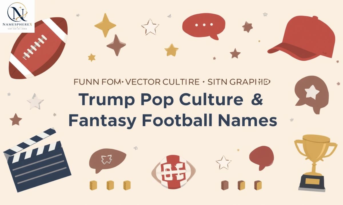 Trump pop culture and funny fantasy football names shown with football, trophy, TV and meme-inspired icons.