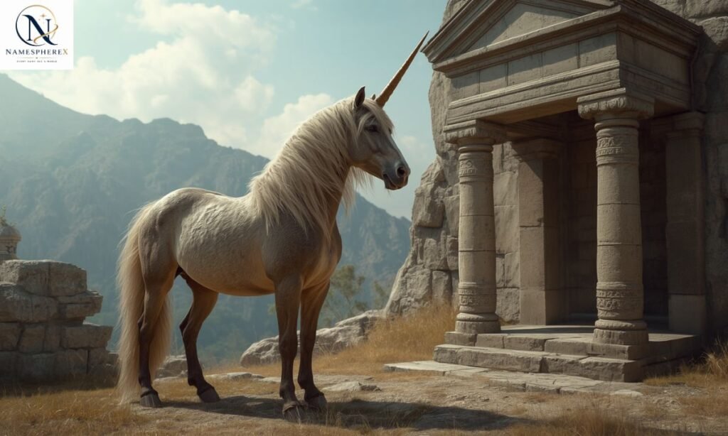 Realistic mythical unicorn beside an ancient stone temple
