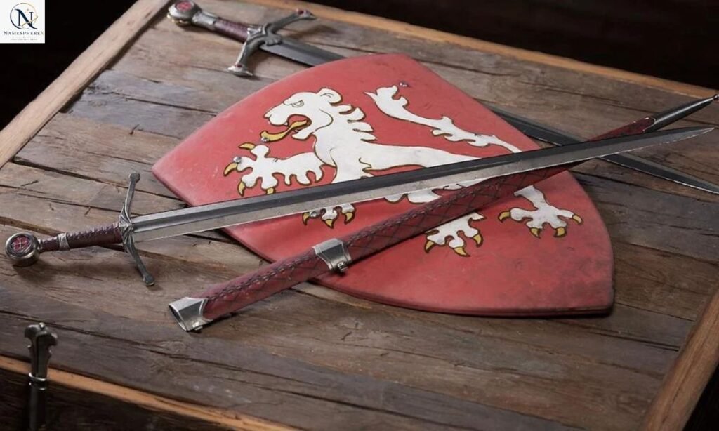 Powerful last names that mean strong represented by an iron sword and medieval shield.