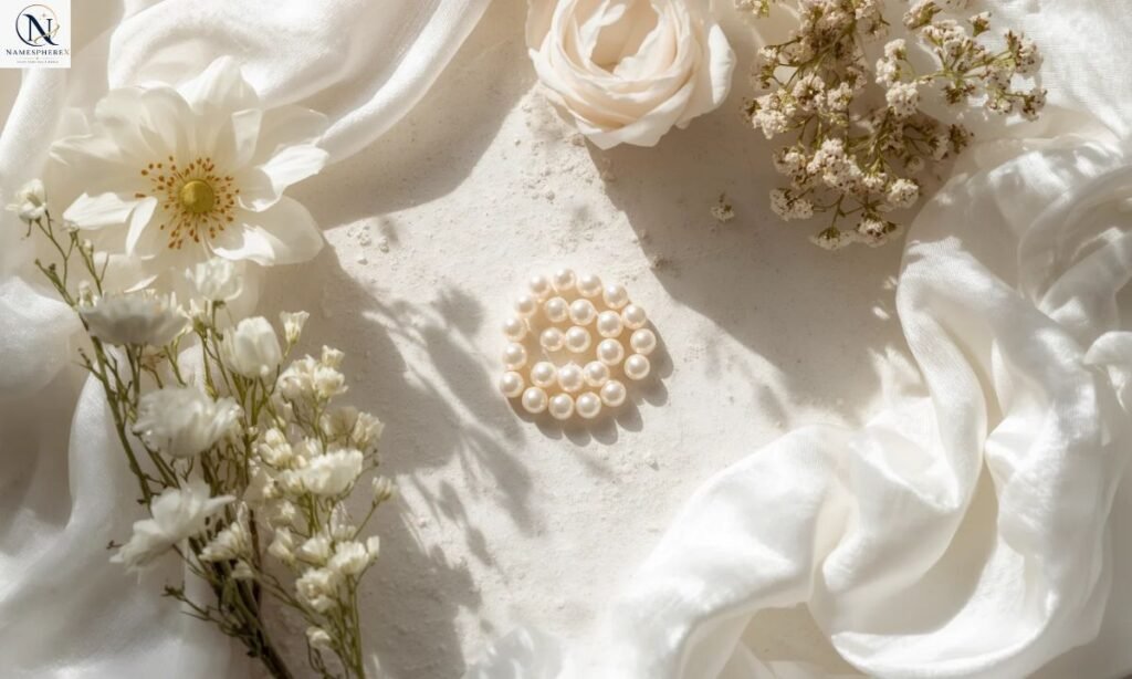 Elegant white flowers, ivory silk, and pearls inspired by names that mean white.