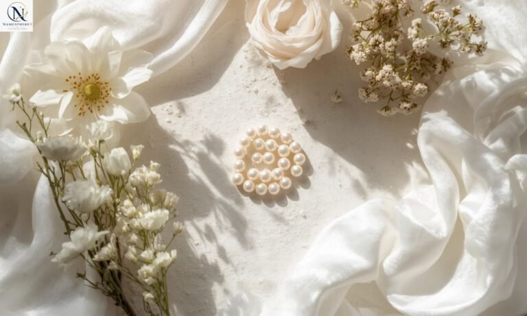 Elegant white flowers, ivory silk, and pearls inspired by names that mean white.