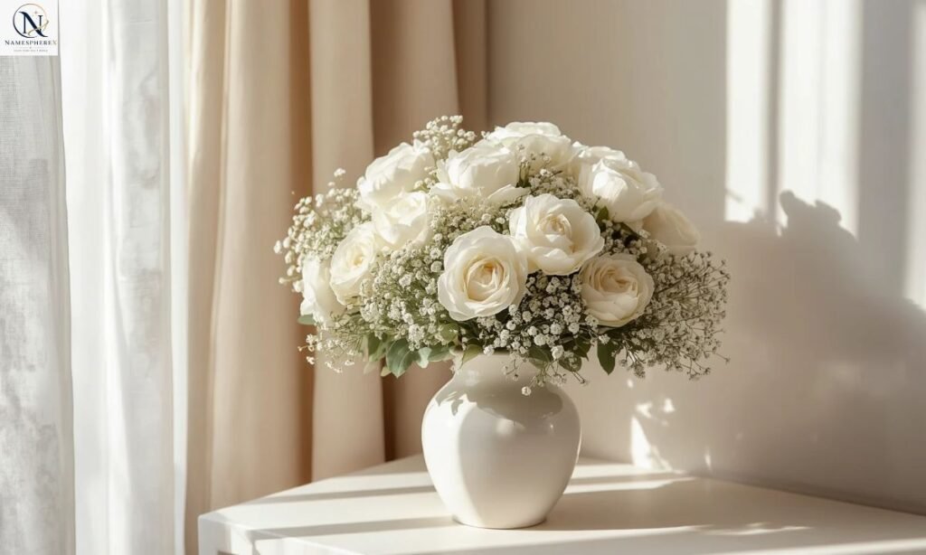 Delicate white roses and peonies representing beautiful girl names that mean white.
