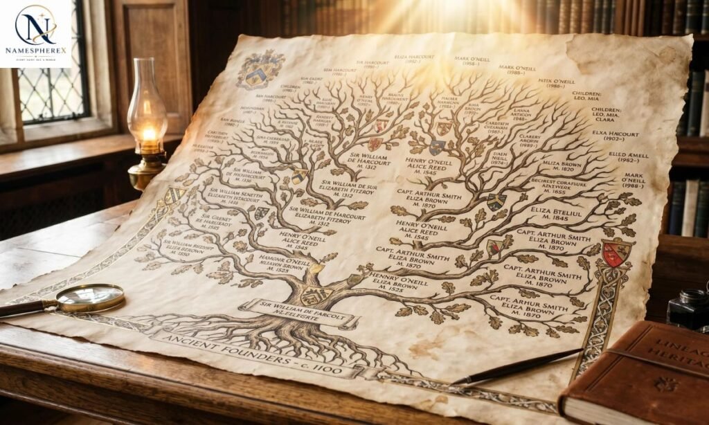 Antique family genealogy book illuminated by natural light, representing classic surnames that mean light
