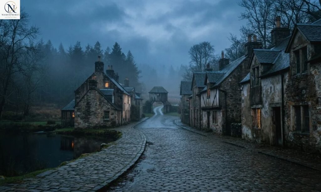 Dark town names represented by a mysterious old town surrounded by mist