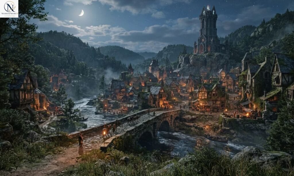 Fantasy town names represented by a realistic medieval town in a magical landscape