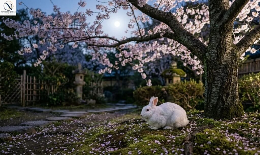 Japanese bunny names with meanings represented by a white rabbit under cherry blossoms