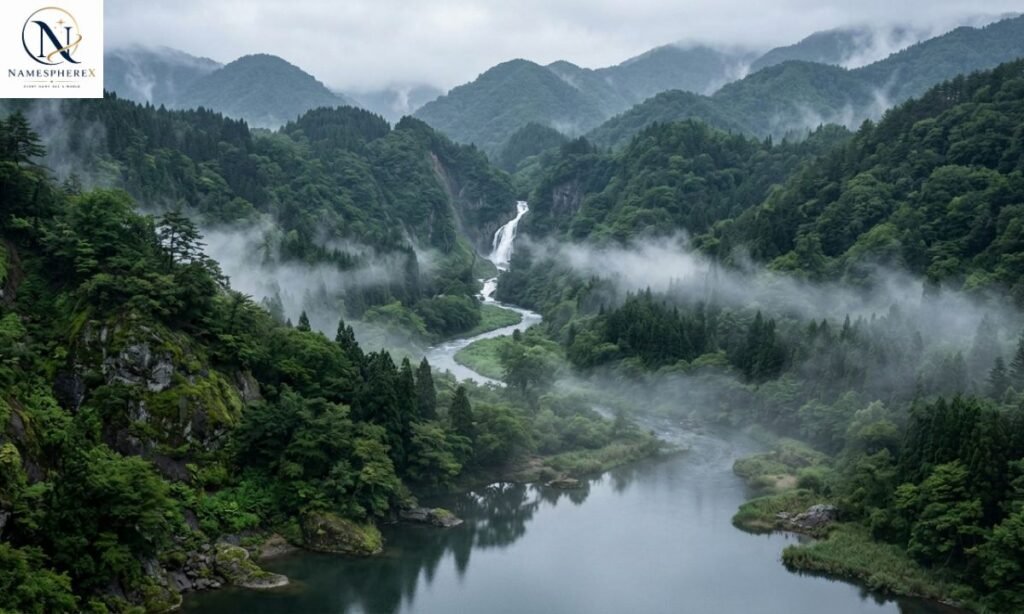 Japanese waterfall and misty mountains symbolizing dragon-inspired Japanese names