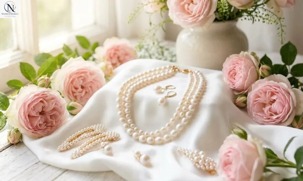 Blush roses, pearls, and ivory silk representing graceful last names meaning love for girls.