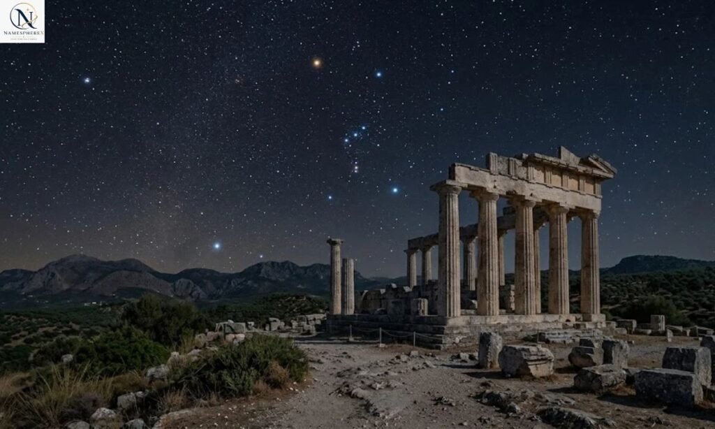 Ancient Greek temple ruins beneath the Orion constellation representing mythology and astronomy-inspired star surnames