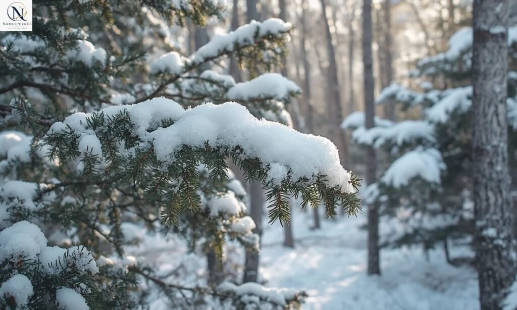Fresh white snow covering evergreen branches in a peaceful winter forest.