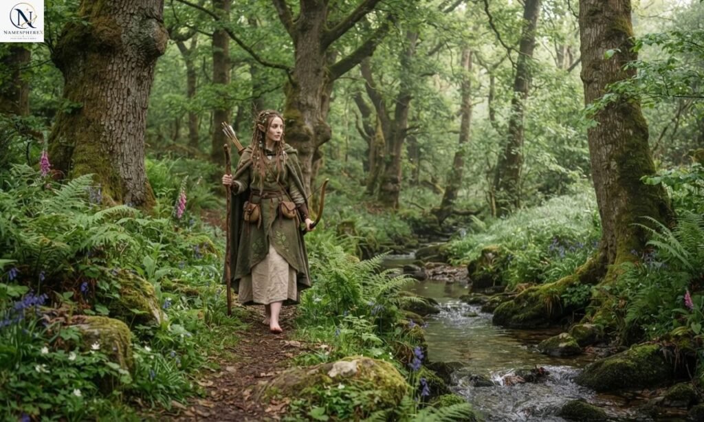 A realistic male wood elf ranger scene emphasizing strength, wilderness, hunting, and archery.
