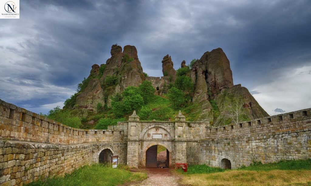 Powerful last names for fictional characters represented by a historic stone castle and iron-reinforced gate.