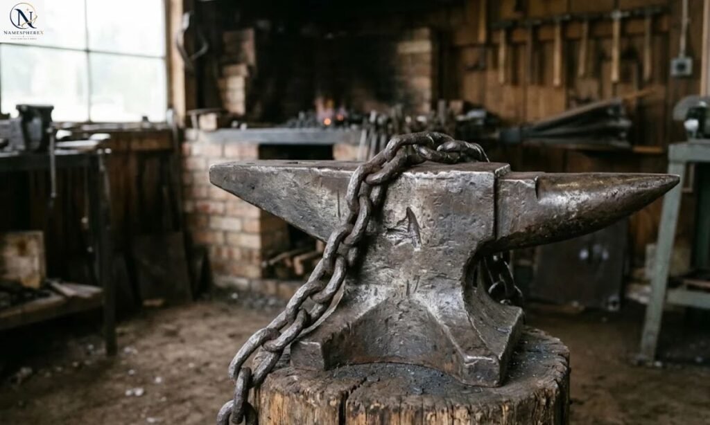 Strong and powerful last names symbolized by a forged iron chain and blacksmith's anvil.